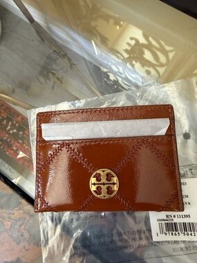Tory Burch Java Brown Patent Leather Card Case with Gold Logo
